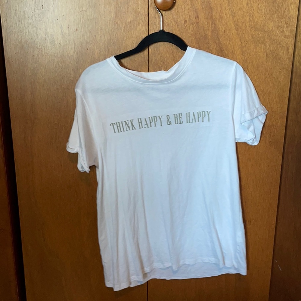 White tee with Think happy & Be Happy in green